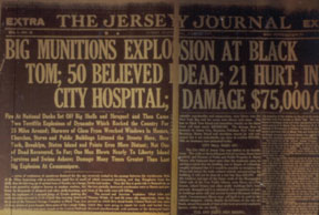 Newspaper article from "The Jersey Journal" announcing the devastating news of the munitions explosion at Black Tom.  